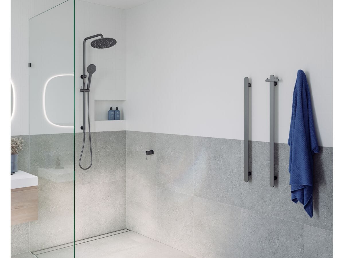 Web_1200x900-Mizu-Soothe-Vertical-Heated-Towel-Rail-and-Double-Robe-Hook-Brushed-Gunmetal Our Take on Bathroom Heaters for NZ Homes | 2025 Guide